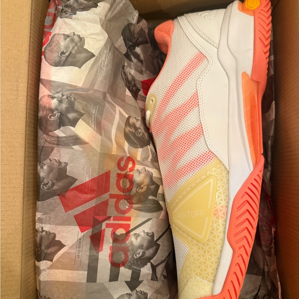 Adidas White and Orange Barricade Tennis Shoes